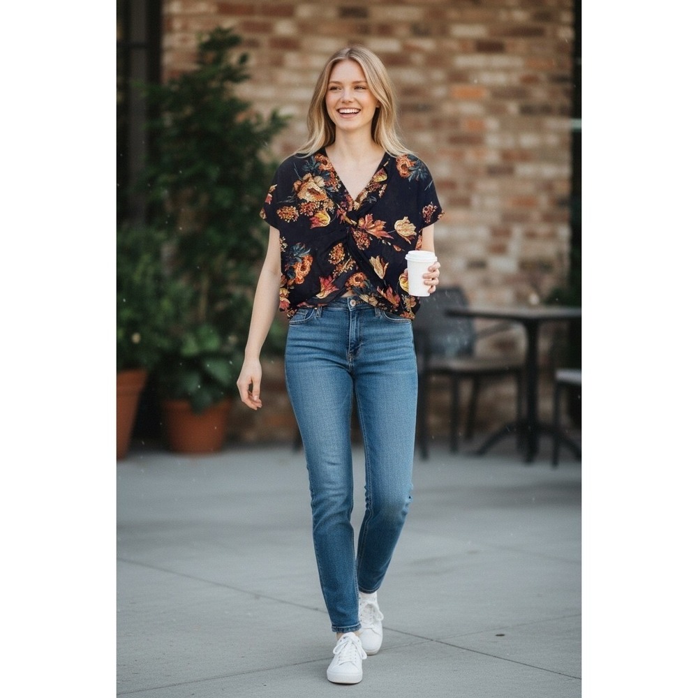 Umgee‎ Floral Twist Front Blouse - Black and Multicolor